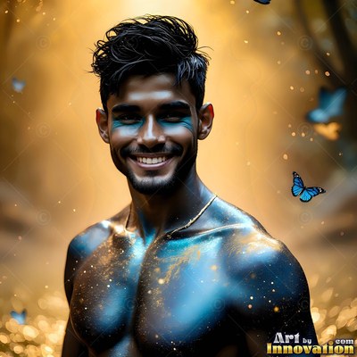 A smiling shirtless man with blue paint on his skin stands before warm gold light