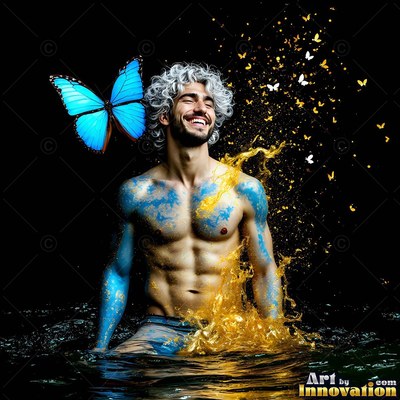 A smiling shirtless man sits in water as gold liquid splashes over his blue-painted chest