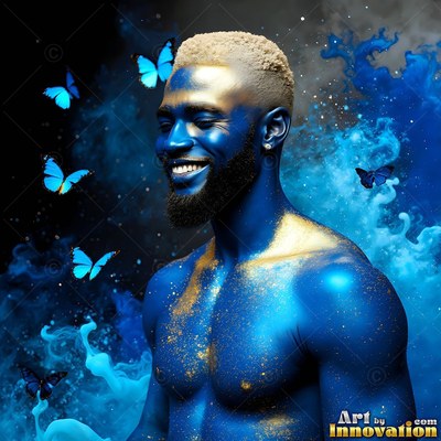 Turned in profile, a shirtless blue man smiles in swirling smoke with butterflies