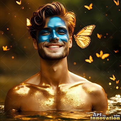 A smiling shirtless man in water with blue face paint and yellow butterflies