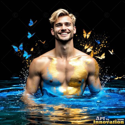 In dark water, a shirtless man with a smile is painted with blue and gold powder