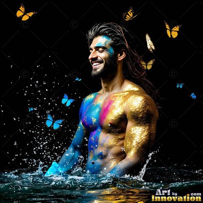 Smiling in water, a shirtless man covered in blue and gold paint sits by butterflies
