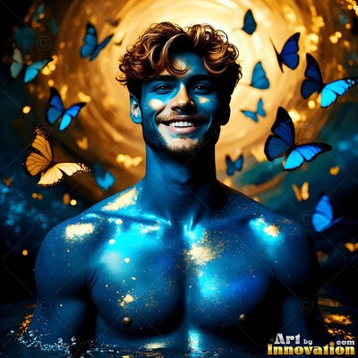 Man with no shirt smiling covered in blue paint and gold glitter with butterflies