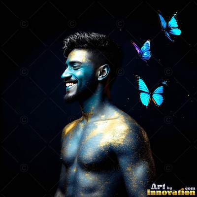 Gold dust on his skin, a shirtless smiling man stands in the dark near blue butterflies