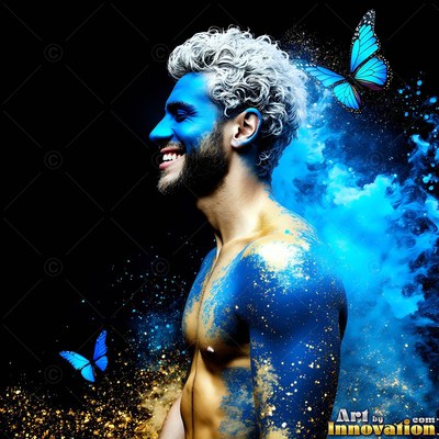A smiling man looks sideways as blue powder covers his skin and blue butterflies fly around him