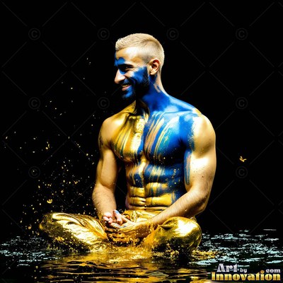 Sitting cross-legged in dark water, a smiling man painted blue and gold