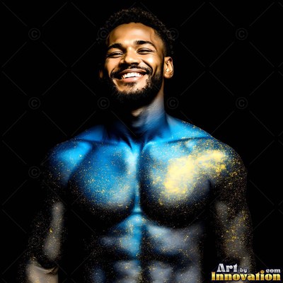 A shirtless smiling man with blue paint and gold powder on his chest against black