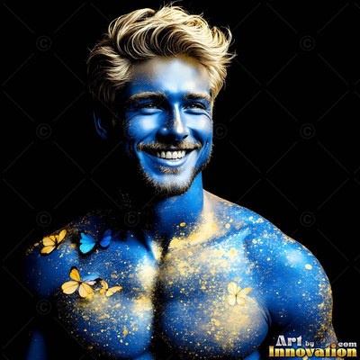 Against a dark background, a smiling man is covered in blue paint and yellow dust