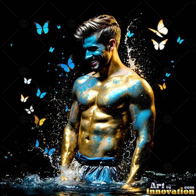 Smiling in dark water, a muscular man covered in gold and blue paint looks down