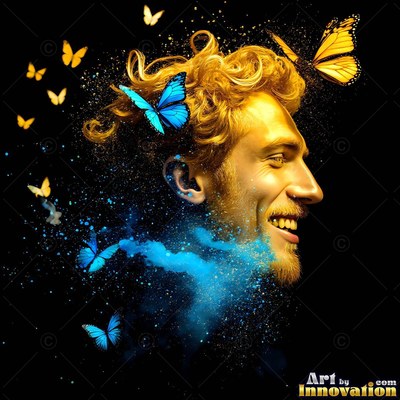 Smiling man in profile with blue powder and butterflies around his head