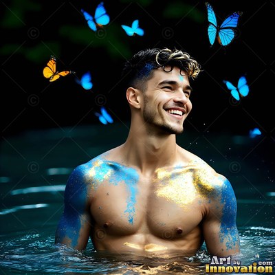 Gold and blue glitter on his chest, a smiling man stands in dark water near butterflies