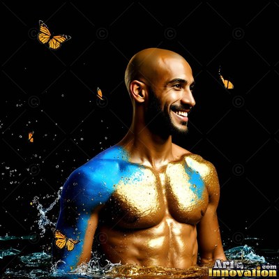 Turned to the side in dark water, a shirtless man covered in gold paint smiles