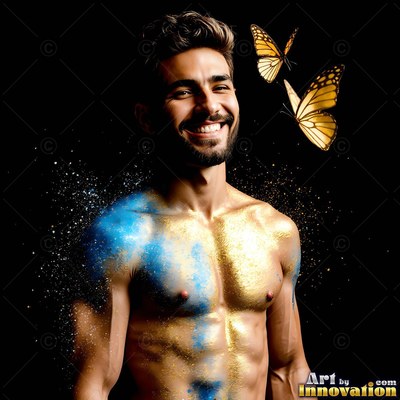 Shirtless smiling man dusted with blue and gold powder with two butterflies overhead