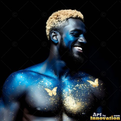 In the dark, a shirtless man with a smile is covered in blue and gold powder