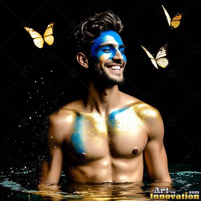 Smiling in dark water, a shirtless man wears blue paint and gold dust near butterflies