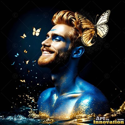 Smiling man covered in blue paint with gold butterflies