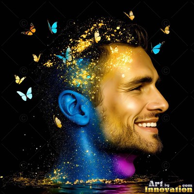Gold dust covering his hair, a smiling man rests in dark water with fluttering butterflies