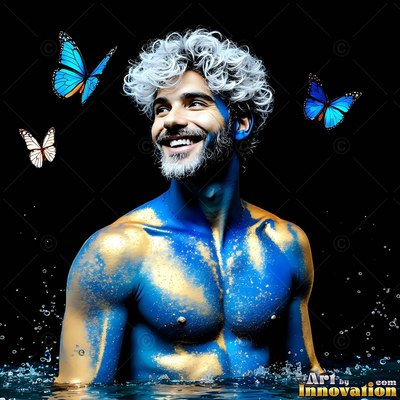 A shirtless man smiles in dark water with butterflies flying near his blue and gold skin