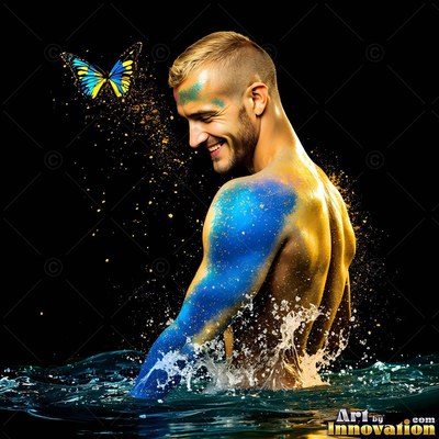 Turned away in dark water, a man with no shirt smiling wears blue paint on his arm
