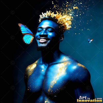 A smiling man covered in blue paint has gold dust in his hair and a butterfly on his cheek