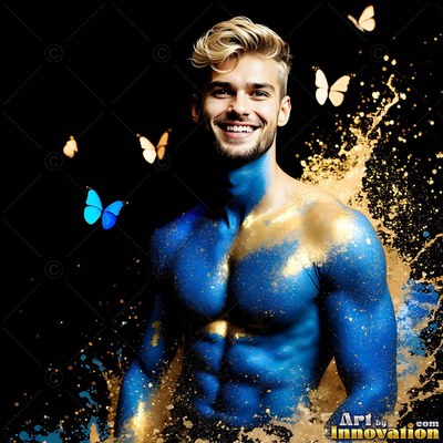 Against a black background, a smiling man is covered in blue and gold powder
