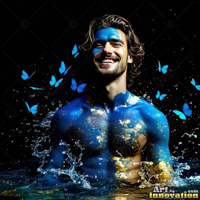 Smiling in dark water, a shirtless man covered in blue paint faces blue butterflies