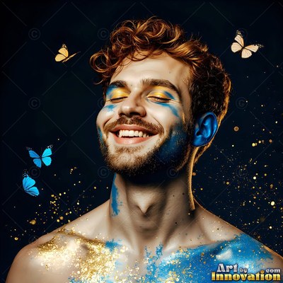 Smiling man dusted in blue and gold powder with butterflies