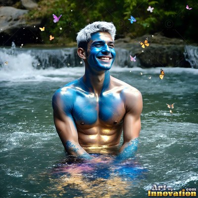 White hair and blue body paint cover a smiling man wading in a river by a waterfall