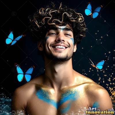 A shirtless man with a smile with gold and blue body paint stands in water with blue butterflies around him