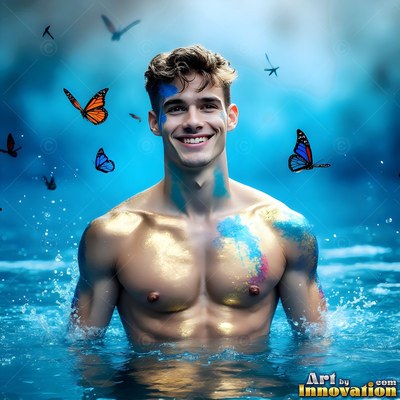 Standing waist-deep in blue water, a grinning shirtless man wears gold paint