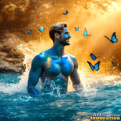 A shirtless smiling man stands in the sea surrounded by blue butterflies