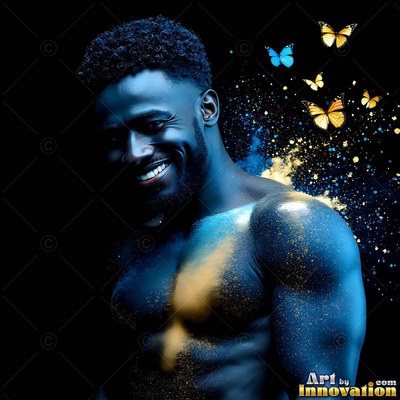 In the dark, a grinning shirtless man dusted with blue powder poses near butterflies