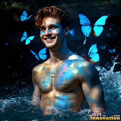 Smiling in dark water, a shirtless man dusted with blue powder watches blue butterflies flit by