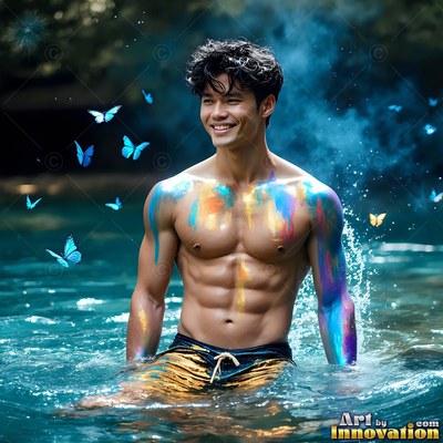 Shirtless smiling man wading in water with blue powder paint on his skin
