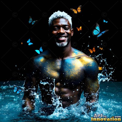 Gold powder dusts the chest of a man with no shirt smiling waist-deep in splashing dark water