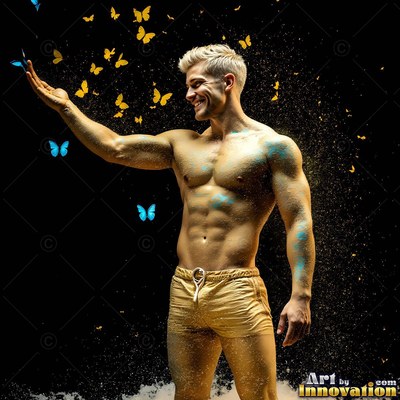 Standing sideways in the dark, a shirtless man reaches toward blue and yellow butterflies