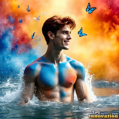 In splashing sea water, a shirtless smiling man is painted with blue and orange powder