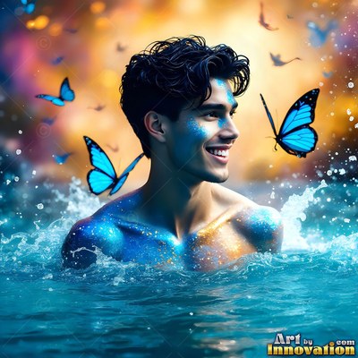 Smiling in turquoise water, a shirtless man watches blue butterflies flutter around him