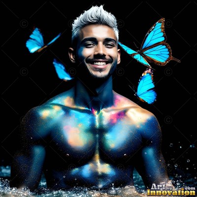 Shirtless smiling man covered in blue paint with butterflies around him