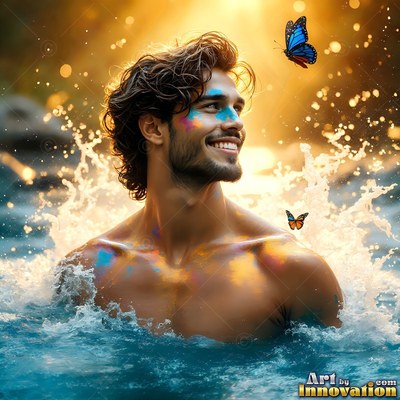 Blue paint across his cheek, a smiling man sits in splashed river water with butterflies