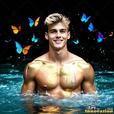Chest-deep in dark water, a smiling man has gold paint on his shoulders