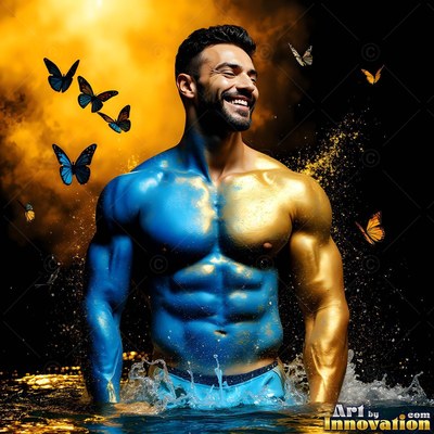 A smiling shirtless man standing in water painted in blue and gold with butterflies