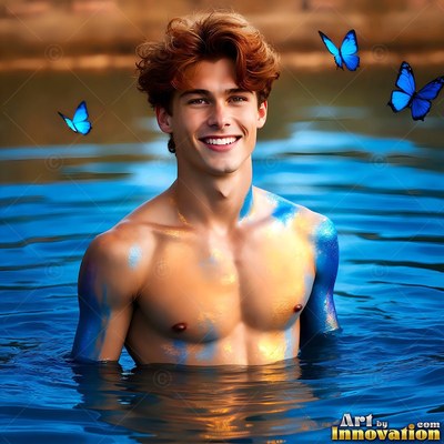 In blue water, a grinning shirtless man is standing with blue butterflies flying around him