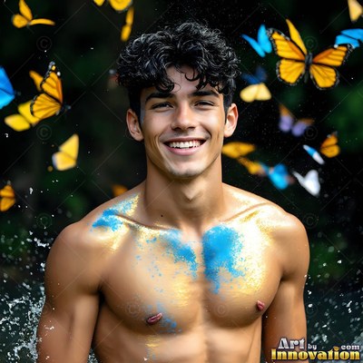 Smiling outdoors, a shirtless man has blue and gold powder on his chest as butterflies flutter past