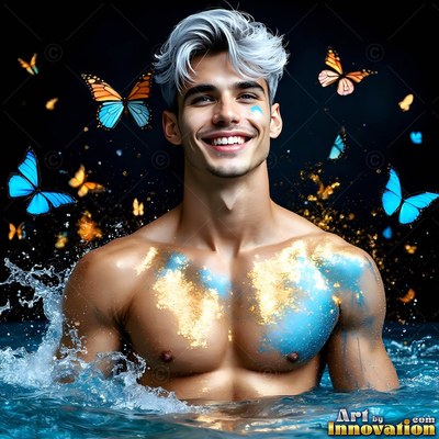 Grinning shirtless man in dark water with butterflies