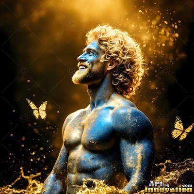 Curly blond hair crowns a shirtless man with blue skin surrounded by gold dust