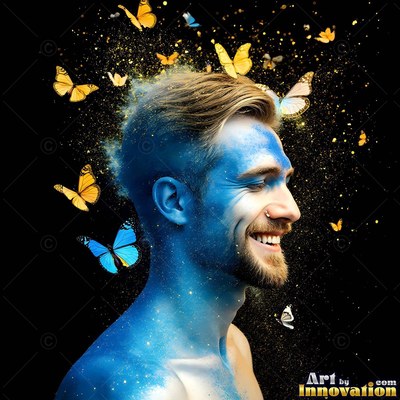 Profile of a smiling shirtless man with blue paint on black