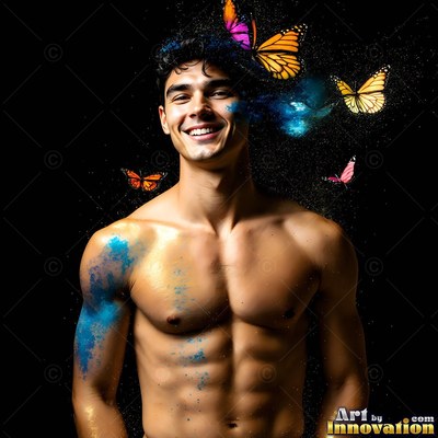 A smiling shirtless man with blue powder on his skin and butterflies flying around him