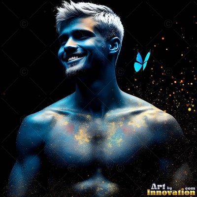 Against a black backdrop, a shirtless smiling man dusted with blue powder looks up