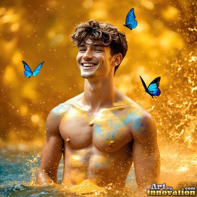 Smiling in water, a shirtless man dusted with yellow powder looks up near blue butterflies